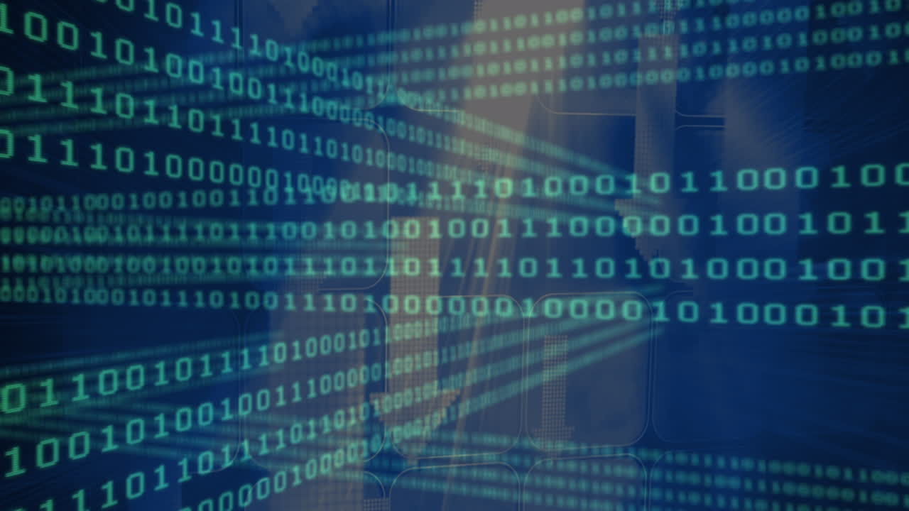 Animation of data processing and binary coding on green background