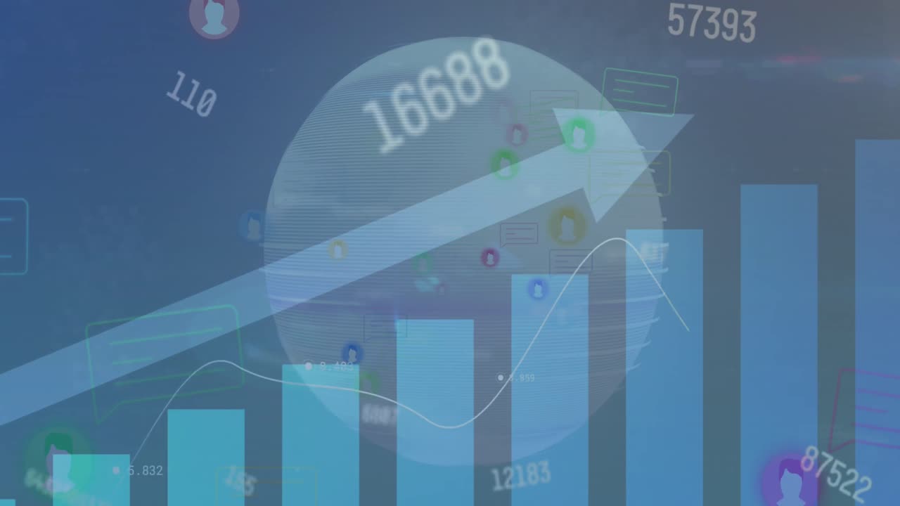 변하는 숫자, 화살표 및 지구로 여러 아이콘과 그래프의 애니메이션