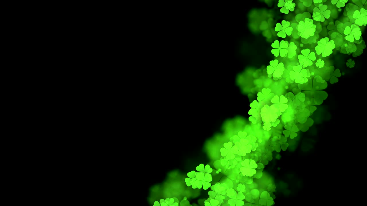 Abstract bokeh light sparkles clover four leaf pattern green color illustration on dark background, seamless looping animation 4K with left copy space