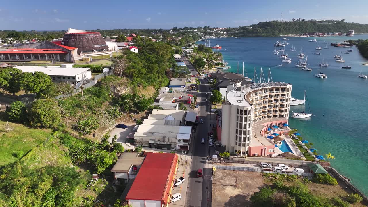 Seaside Hotel And National Convention Center In Coastal City Of Port Vila In Vanuatu. aerial shot