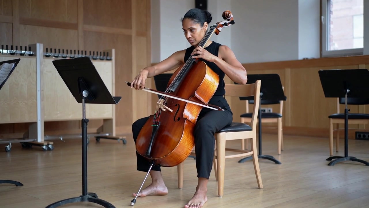 Professional Cellist Playing Cello in a Rehearsal Studio