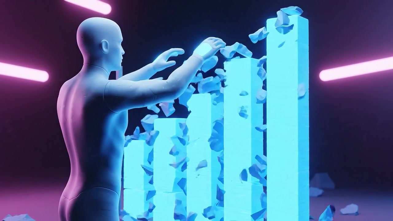 Une silhouette futuriste manipulant des cristaux bleus au milieu d'une représentation graphique de données dans un environnement néon, reflétant la technologie avancée et le progrès
