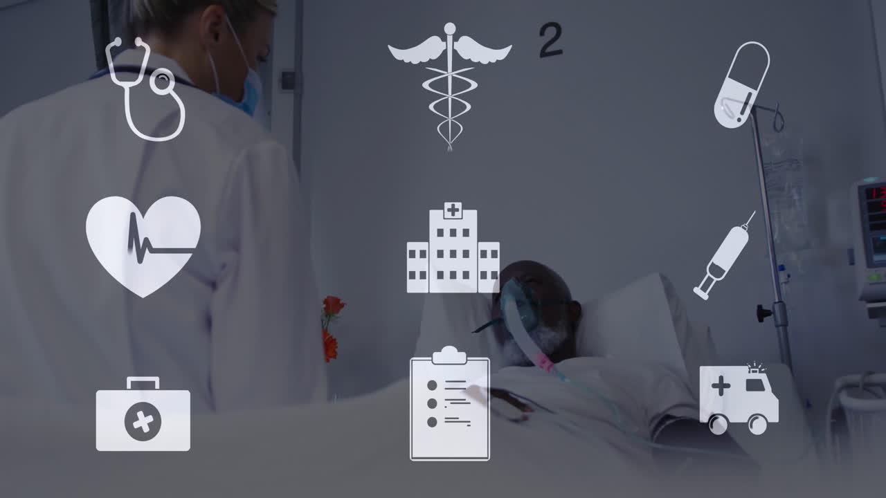 In hospital, medical animation overlaying healthcare professional attending patient in bed
