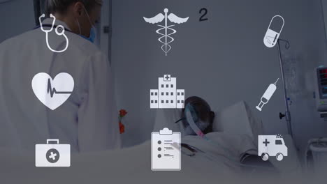 in hospital, medical animation overlaying healthcare professional attending patient in bed