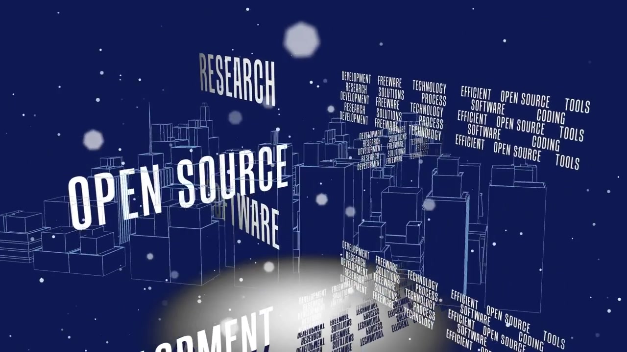 Animation of business texts over digital cityscape