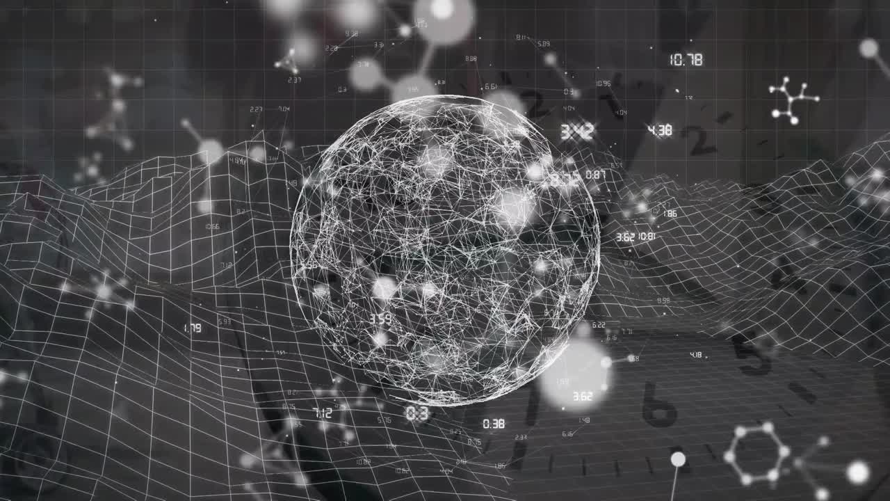 분자 구조와 회전하는 지구의 애니메이션과 회색 배경의 메타버스 구조