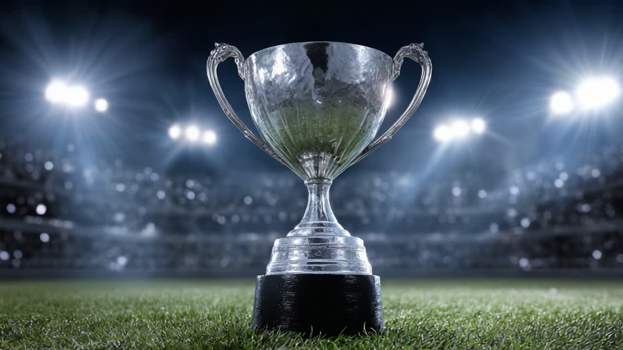 A Glimmering Trophy Awaits Victory on the Field: Celebrating Achievements in Sports with a Majestic Silver Trophy Amidst Bright Stadium Lights
