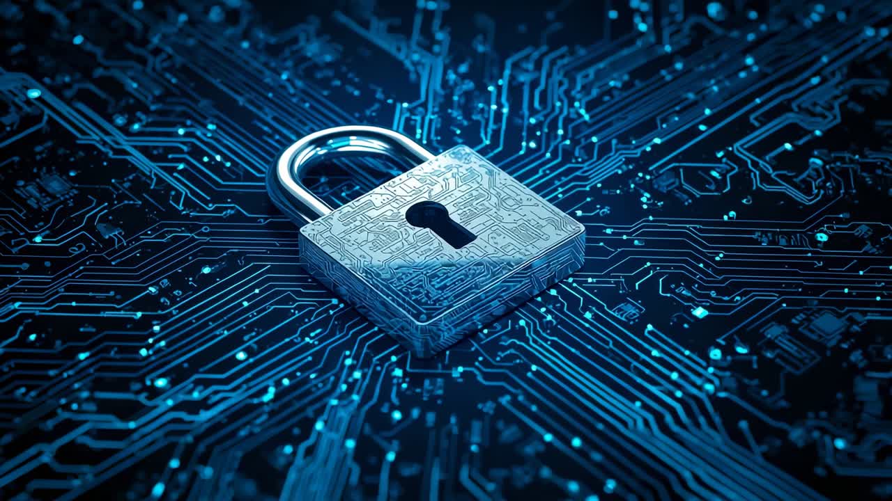 Displaying silver padlock resting on glowing circuit board, with blue traces radiating