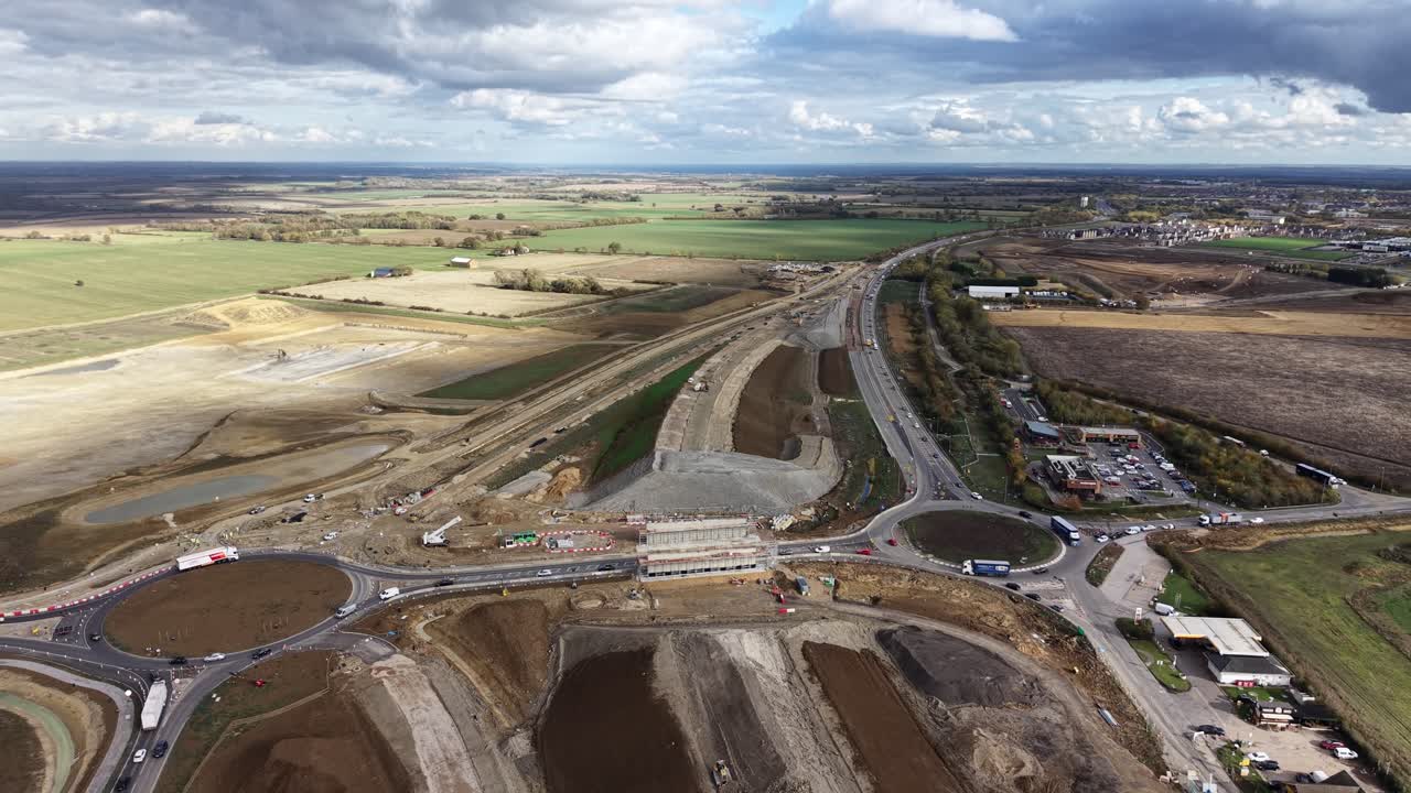 A428 highway road upgrade cambridgeshire UK drone,aerial slow panning shot 4K