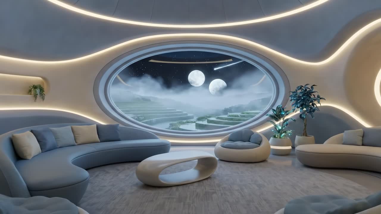 Elegant, futuristisk stue med udsigt over en fremmed verden med måner