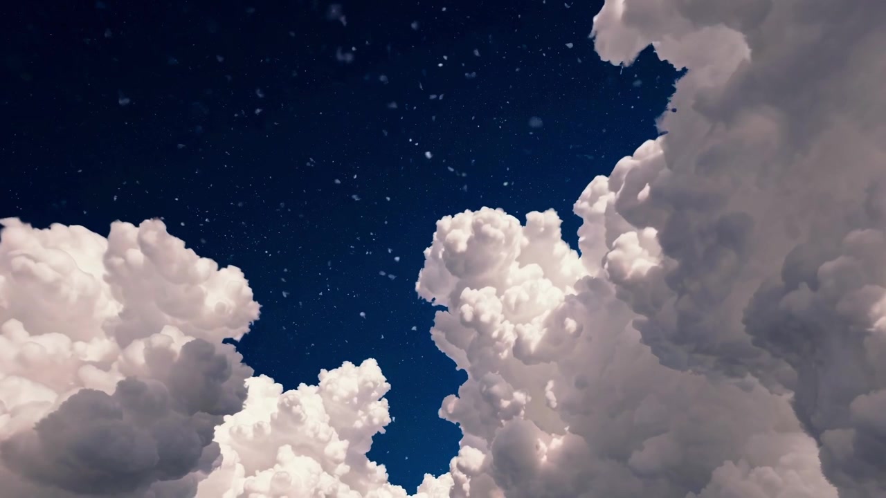 Serene Blue Sky with Majestic White Clouds and Gentle Snowfall