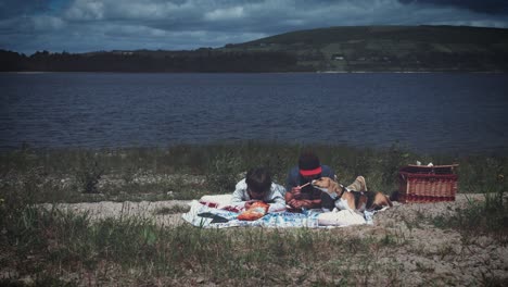 4k dad, son and dog having picnic