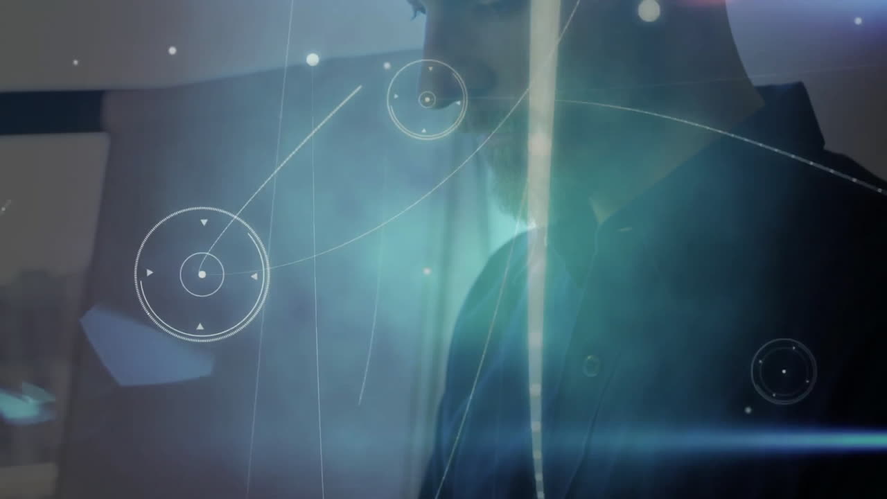 In dim light, man with digital lines and glowing animation effects overlaying