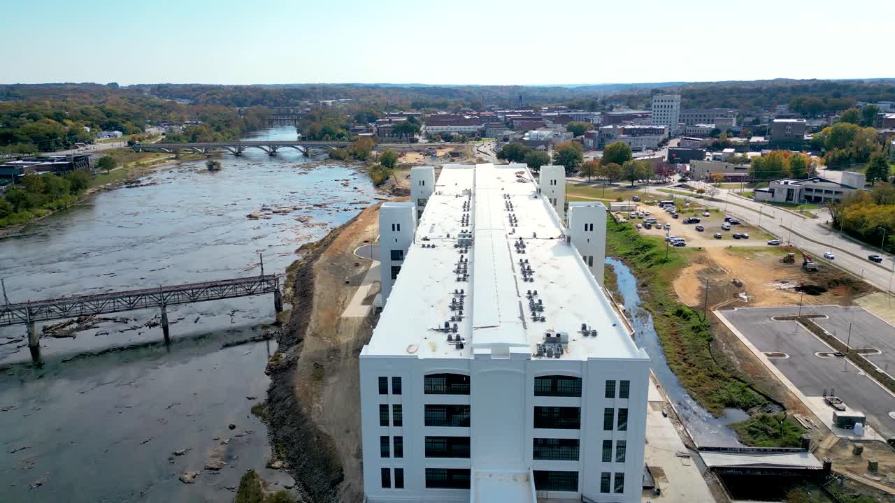 Flying over the historic Dan River Mills building (now Dan River Falls) in Danville VA