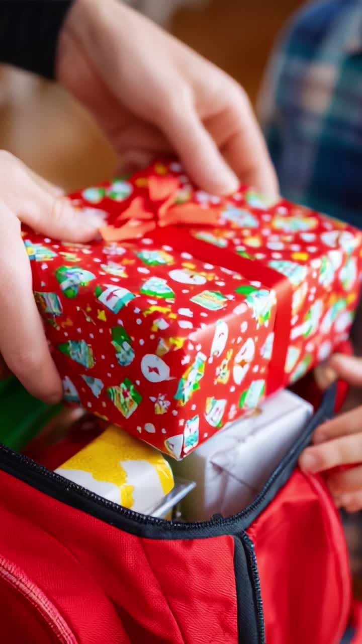 A joyful scene captures the moment of exchanging colorful wrapped gifts from a bag, illustrating the spirit of giving and celebration during festive occasions, surrounded by warm holiday ambiance
