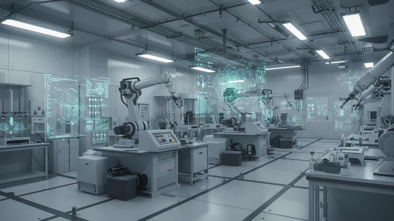 Futuristic Robotics Lab Featuring Advanced Robotic Arms and High-Tech Interfaces for Innovative Research and Development in Automation and Robotics Technology