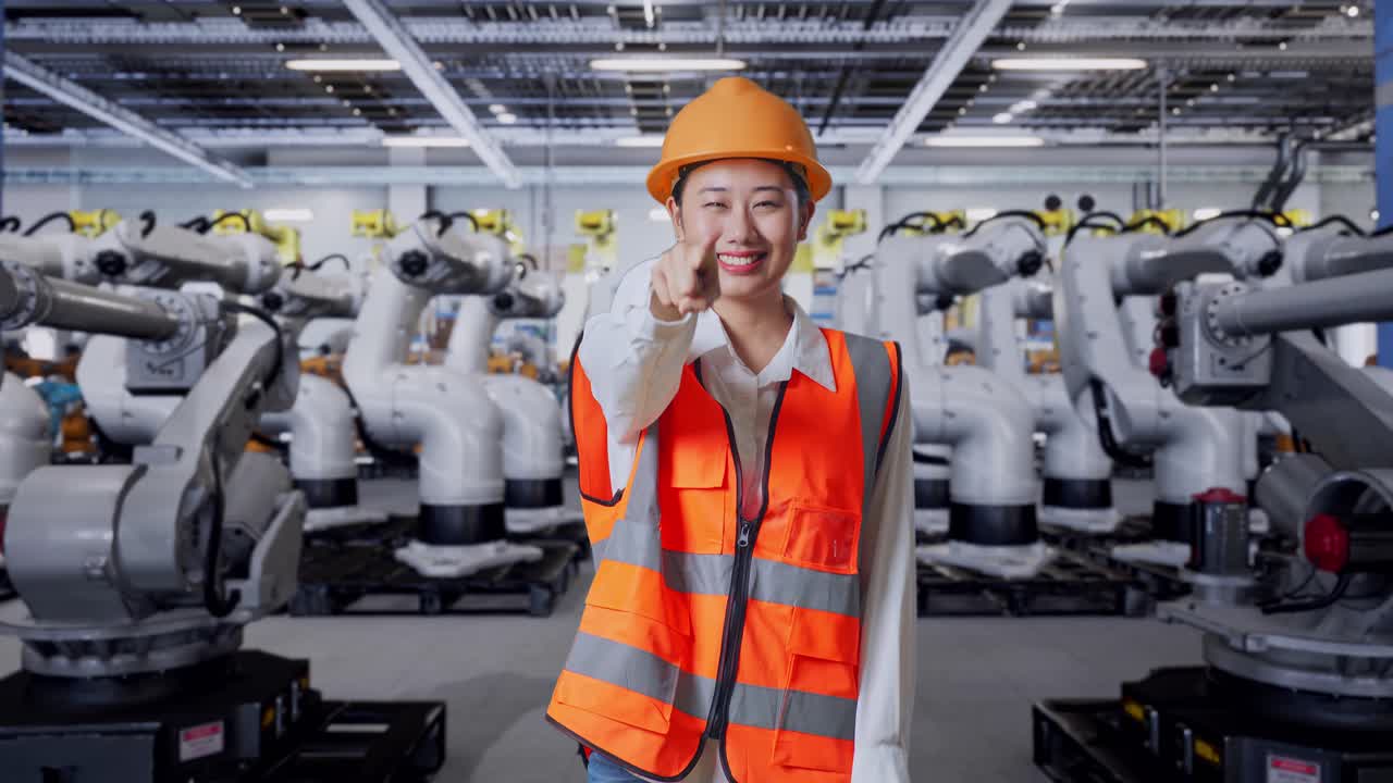 현대 공장에서 카메라를 가리키는 여성 엔지니어