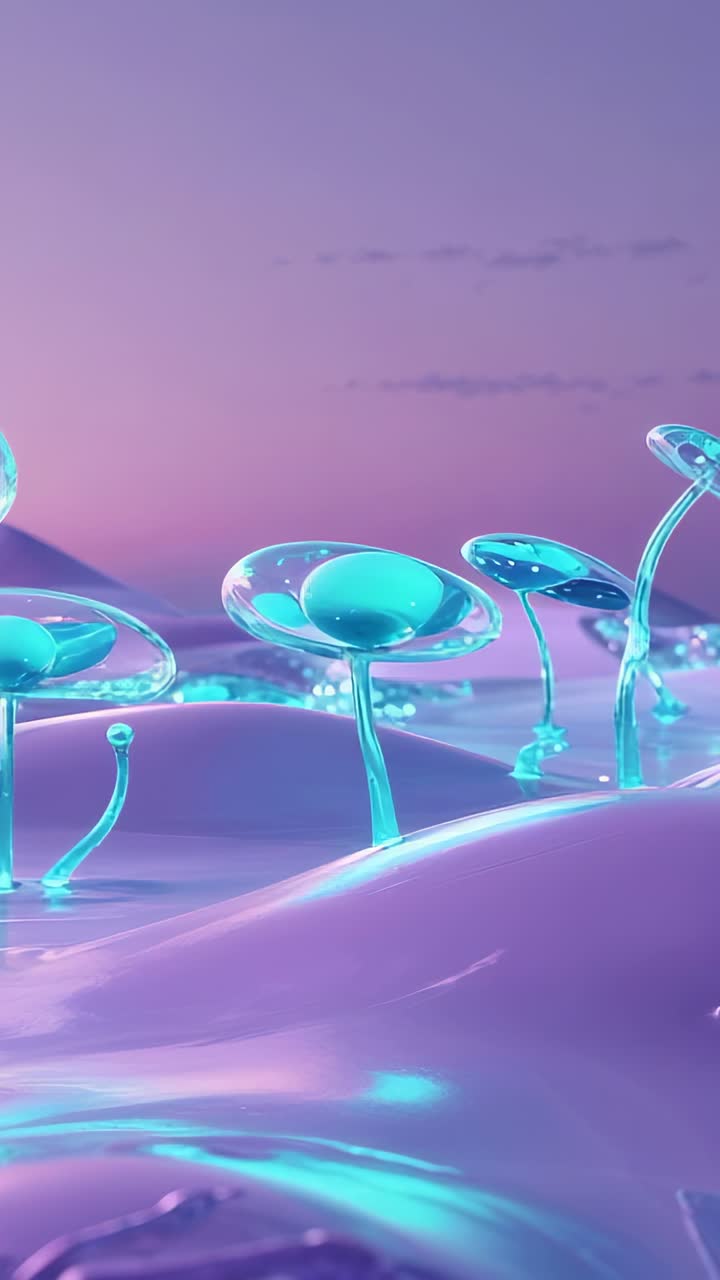 Vertical video: Revealing translucent mushroom stalks pulsing across glossy hills with cyan glow