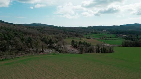 drones aéreos vuelan bajos campos verdes agrícolas en el valle de la primavera en españa el campo de cataluña al mediodía