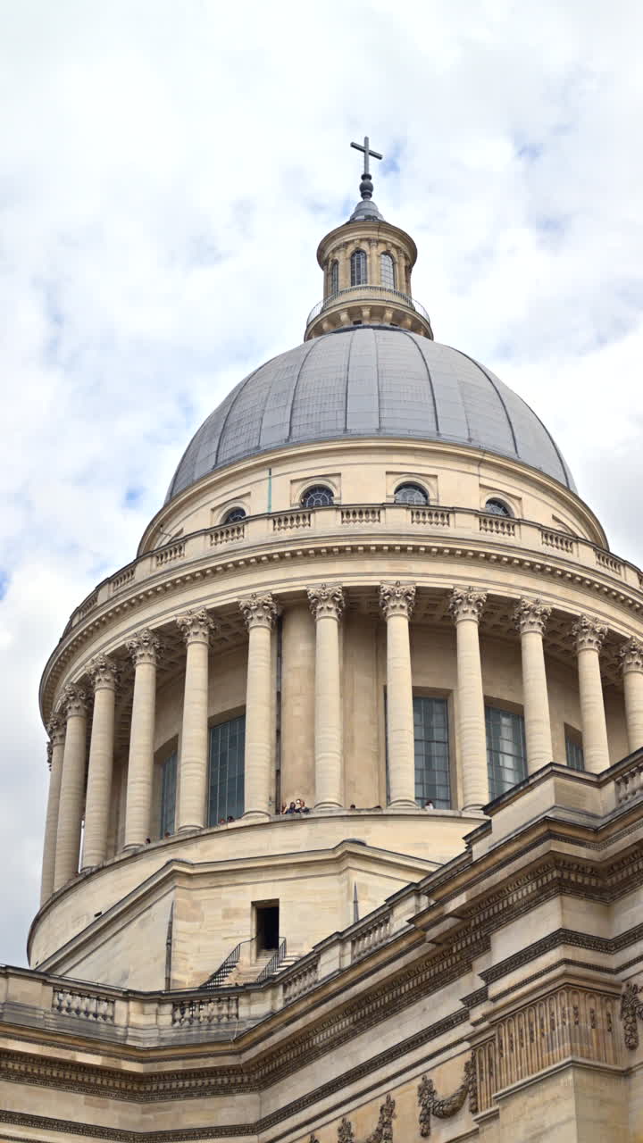 The top of the Pantheon in the Latin Quarter with the blue sky on the background. Vertical, Paris, France