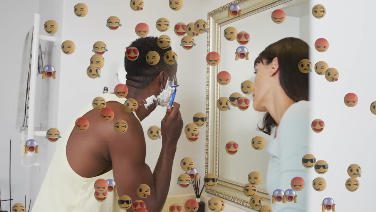 man shaving face while woman leaning in bathroom, floating emojis boosting digital marketing