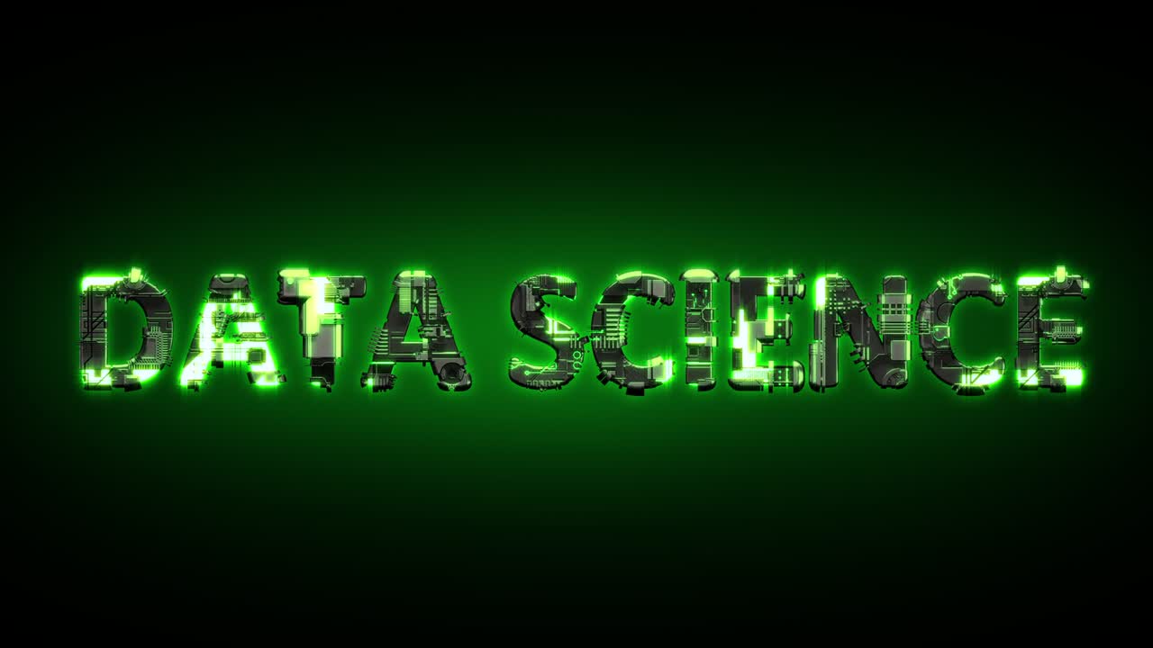 Data Science shining dark green cyber text on black, isolated - loop video