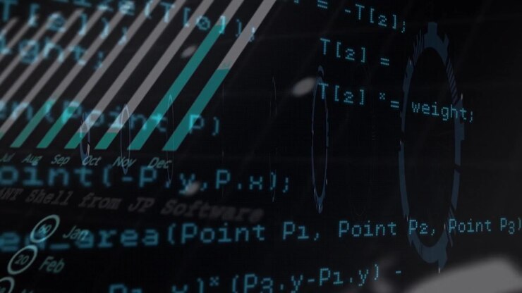 Animation of data processing and scope scanning over black background