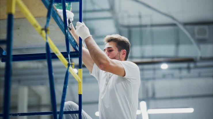 A Focused Worker Paints with Precision and Care While Navigating an Elevated Scaffold in a Brightly Lit Workshop Environment