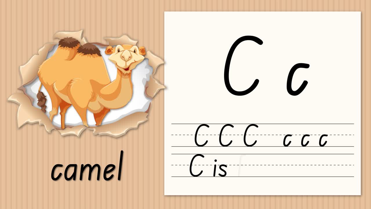 Video educativo animato che dimostra la scrittura della lettera C accanto a un cammello dei cartoni animati su sfondo di cartone