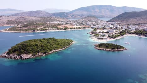 ksamil islands and cityscape, albania - aerial of popular holiday destination