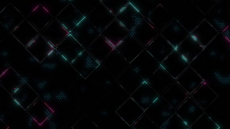 Grid of neon green and purple diamond lines on dark background