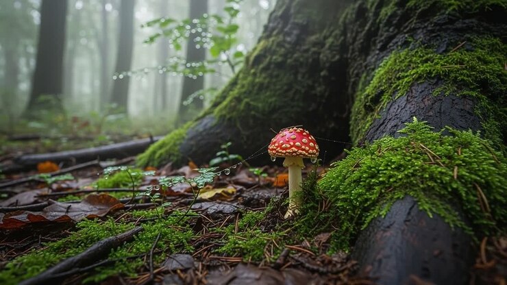 A Captivating Close-up of a Vibrant Red Mushroom Amidst Lush Green Moss Beneath an Ancient Tree in a Mysterious Foggy Forest Setting