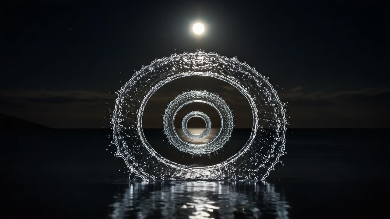 Captivating Nighttime Water Circles: A Mesmerizing Display of Splashing Rings Illuminated by the Moon, Creating an Enchanting Reflection on the Calm Sea Surface