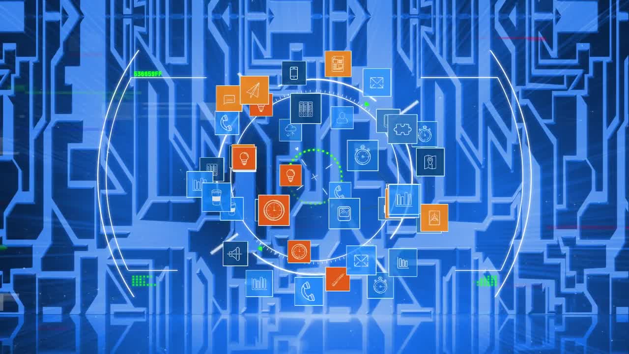 animación de escaneo de alcance rotativo sobre la red multiplicadora de iconos de medios, en azul