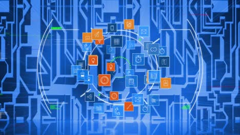 Animation-of-rotating-scope-scanning-over-multiplying-network-of-media-icons,-on-blue