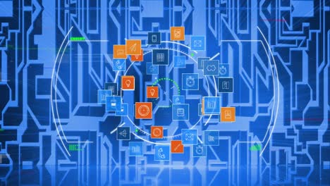 animation of rotating scope scanning over multiplying network of media icons, on blue