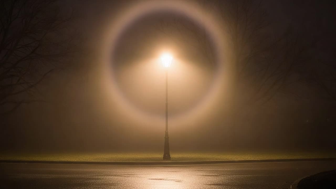 A solitary street lamp emits a warm glow in a misty landscape, creating a luminous halo amidst the fog, casting an ethereal ambience in the quiet nighttime setting