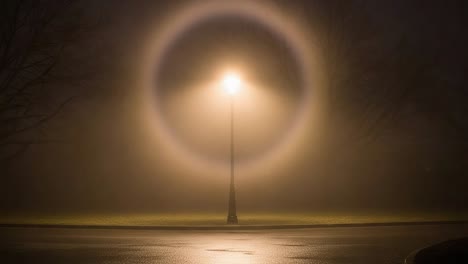 a solitary street lamp emits a warm glow in a misty landscape, creating a luminous halo amidst the fog, casting an ethereal ambience in the quiet nighttime setting