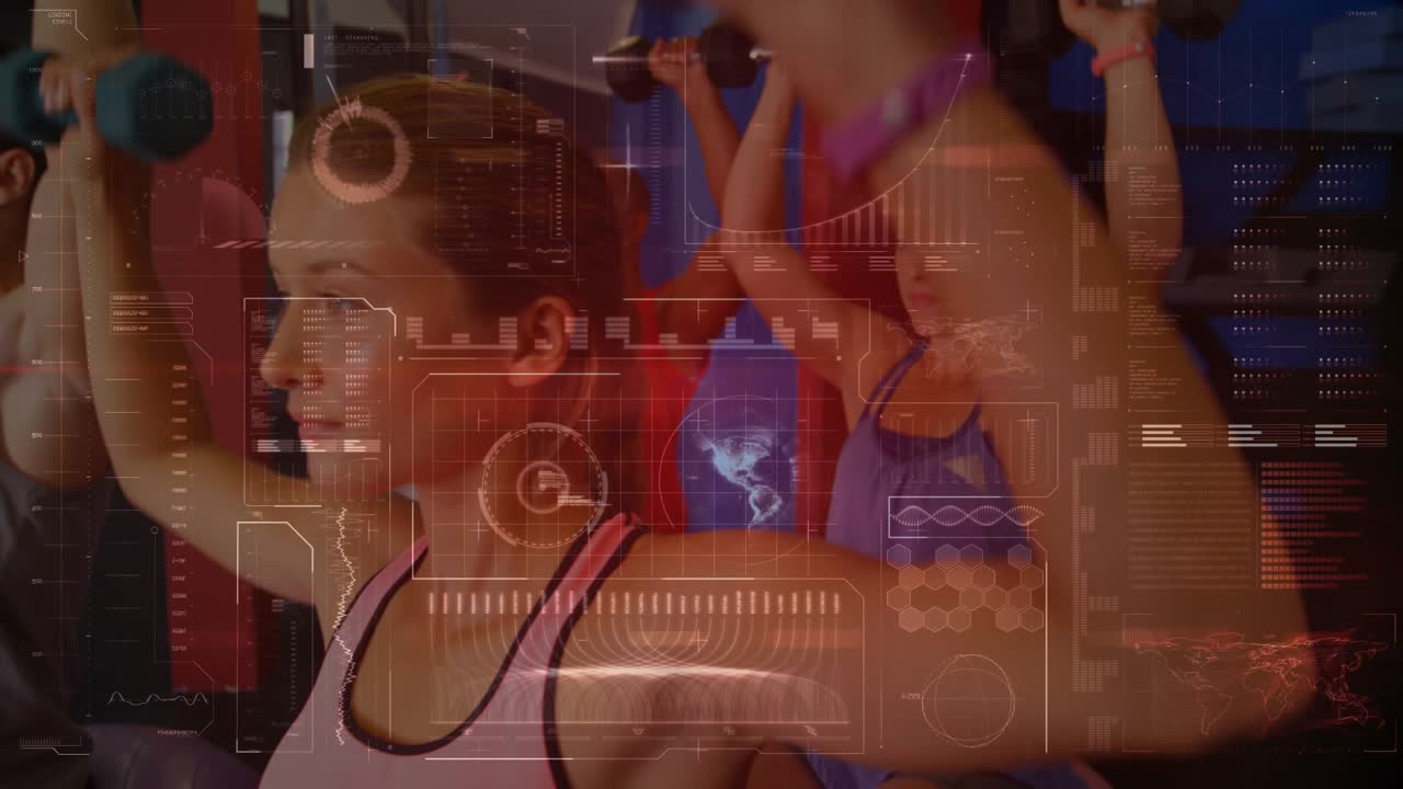 Woman starting dumbbell press, group following, HUD overlay tracking form during gym fitness class