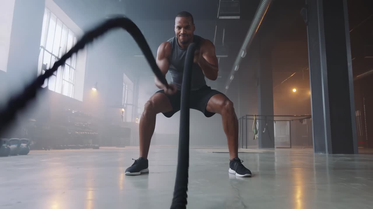 Dynamic low-angle video of a man exercising with ropes in a dimly lit gym, emphasizing strength