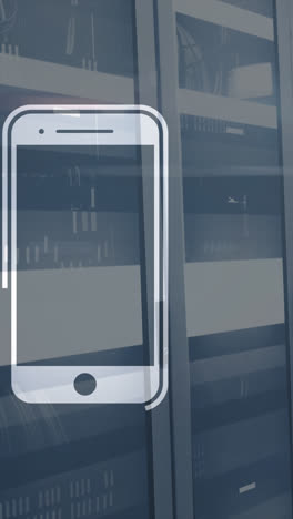 animation of smartphone icon and data processing over server room