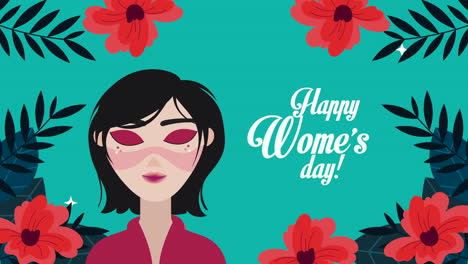 happy womens day card with cute woman and flowers