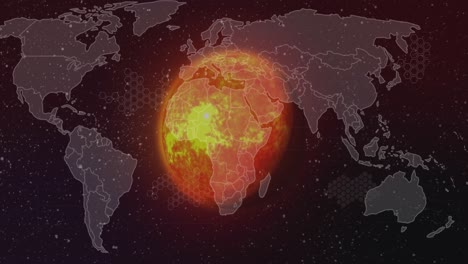 animación del patrón de la placa de circuitos sobre el mapa contra el globo brillante contra el espacio