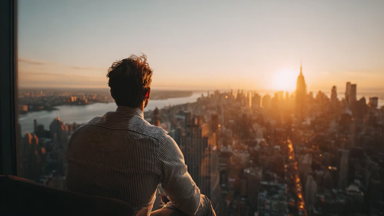 Tramonto sereno su uno skyline urbano: una figura contemplativa che ammira l'orizzonte dorato da una finestra di un grattacielo, catturando la bellezza della vita cittadina e della meraviglia naturale.