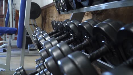 black dumbbell rack in a neighborhood gym