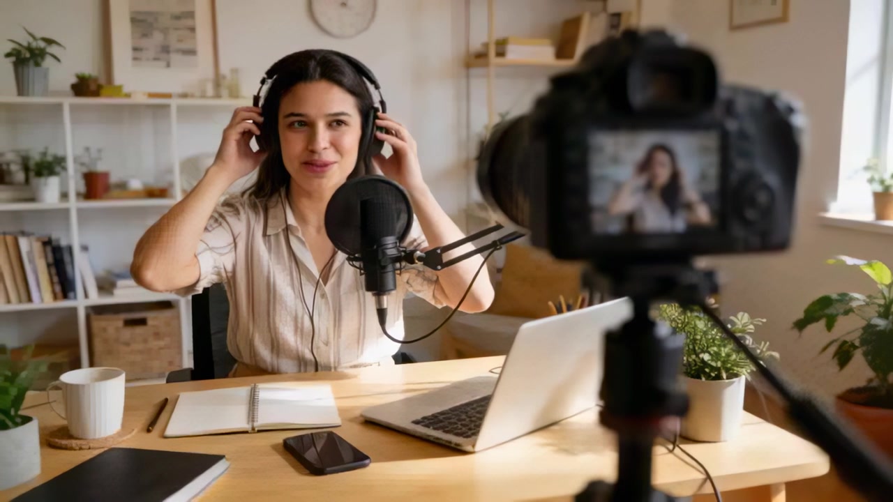 Iniciando la grabación de la cámara, presentador de podcast con camiseta a rayas ajustando los auriculares, hablando por el micrófono en el escritorio
