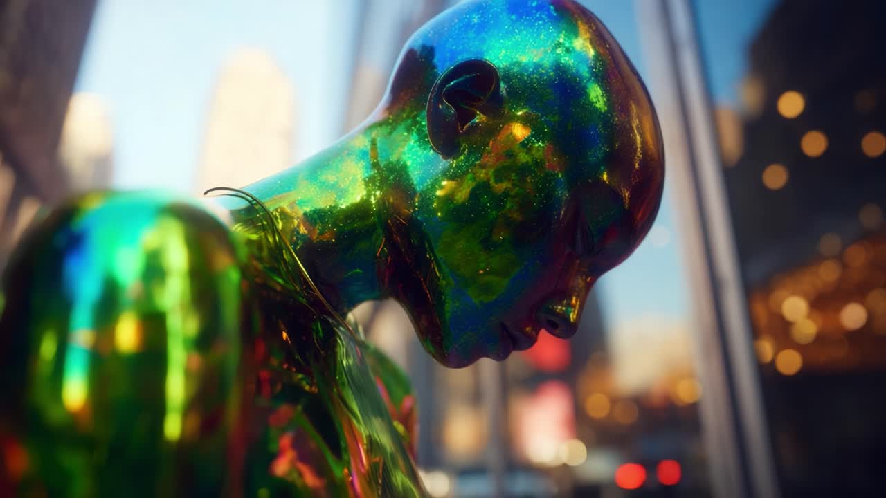 A Striking Display of Reflection and Color: A Close-Up of a Shiny, Metallic Mannequin with Iridescent Surface Capturing Light and Surroundings in a Modern Urban Setting