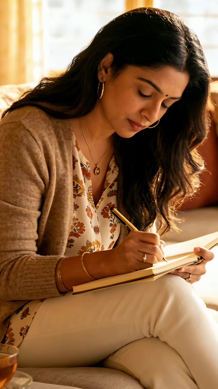 Vertical video: Writing Indian woman pen poised, journaling in notebook on sofa, wearing cardigan