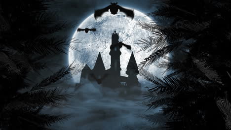 silhouette of castle with full moon and foggy forest animation