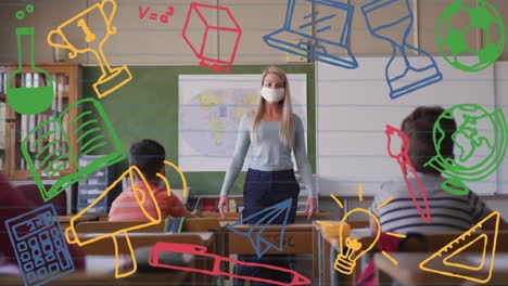 animación de los iconos de los artículos escolares que se mueven sobre los escolares